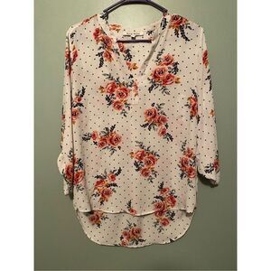 Black Rainn Floral Polka Dot 3/4 Sleeve V Neck Top Size Medium NWOT